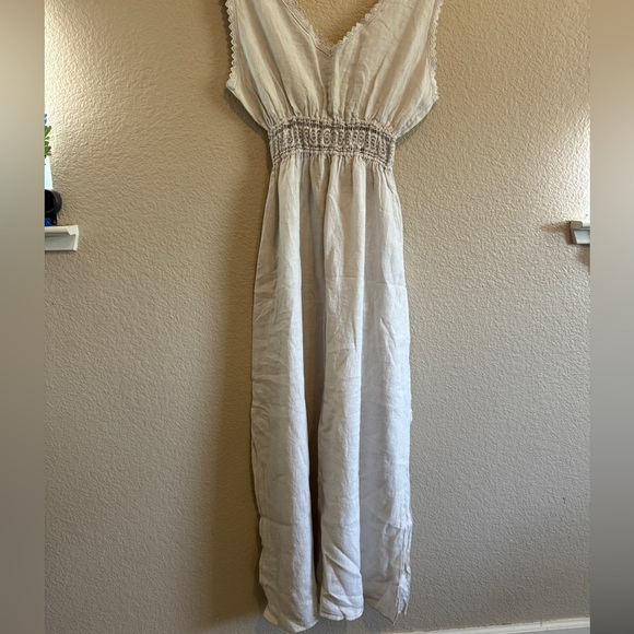 Terzo Millennio Off White Linen Split V Neck Sleeveless Maxi Dress Large - Picture 1 of 11